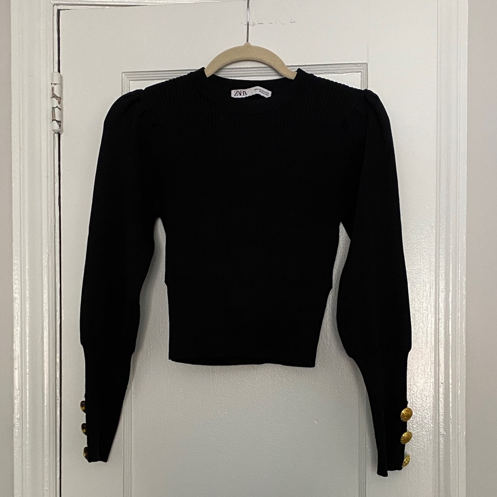 Zara Black Puff-Sleeve Knit Top with Gold Button Cuffs